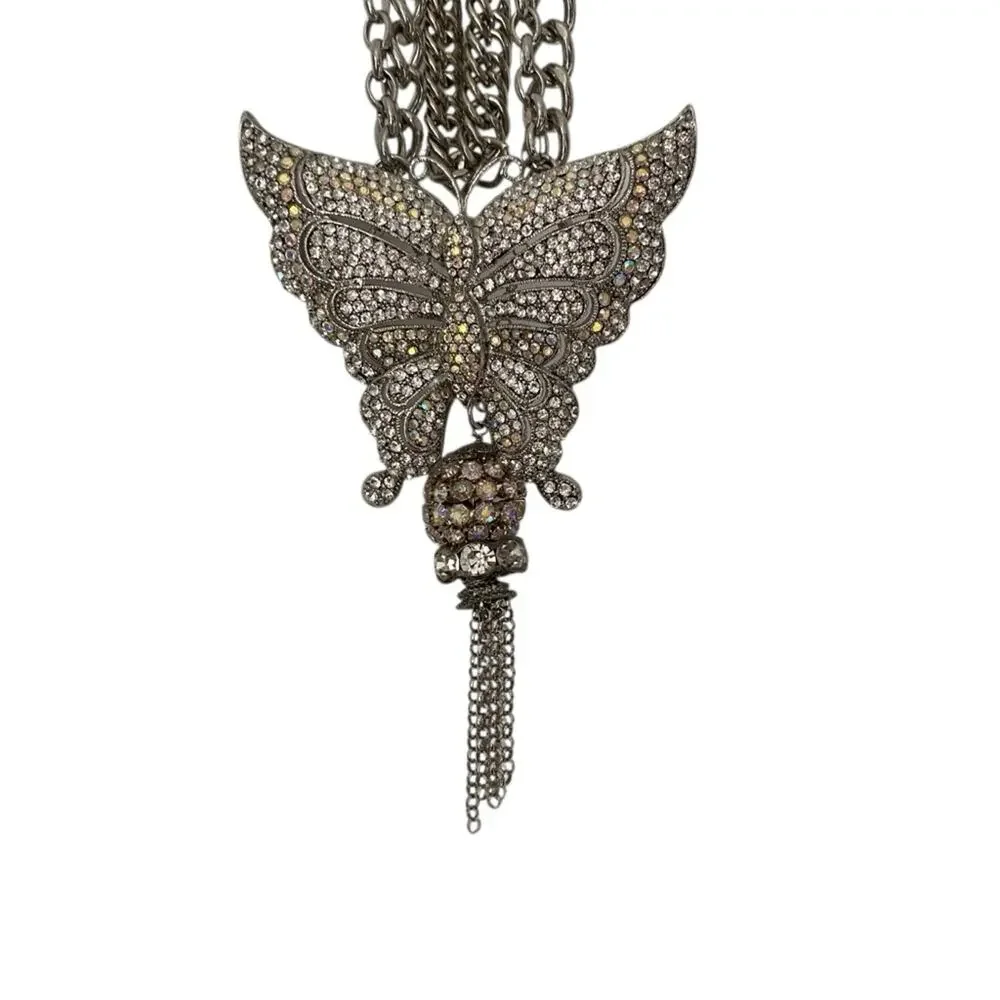 Vintage Silver Tone Rhinestone Butterfly Layered Necklace